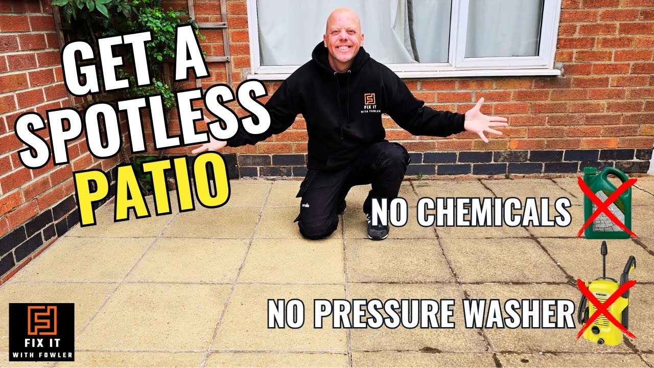 Spotless stone patio after pressure washing